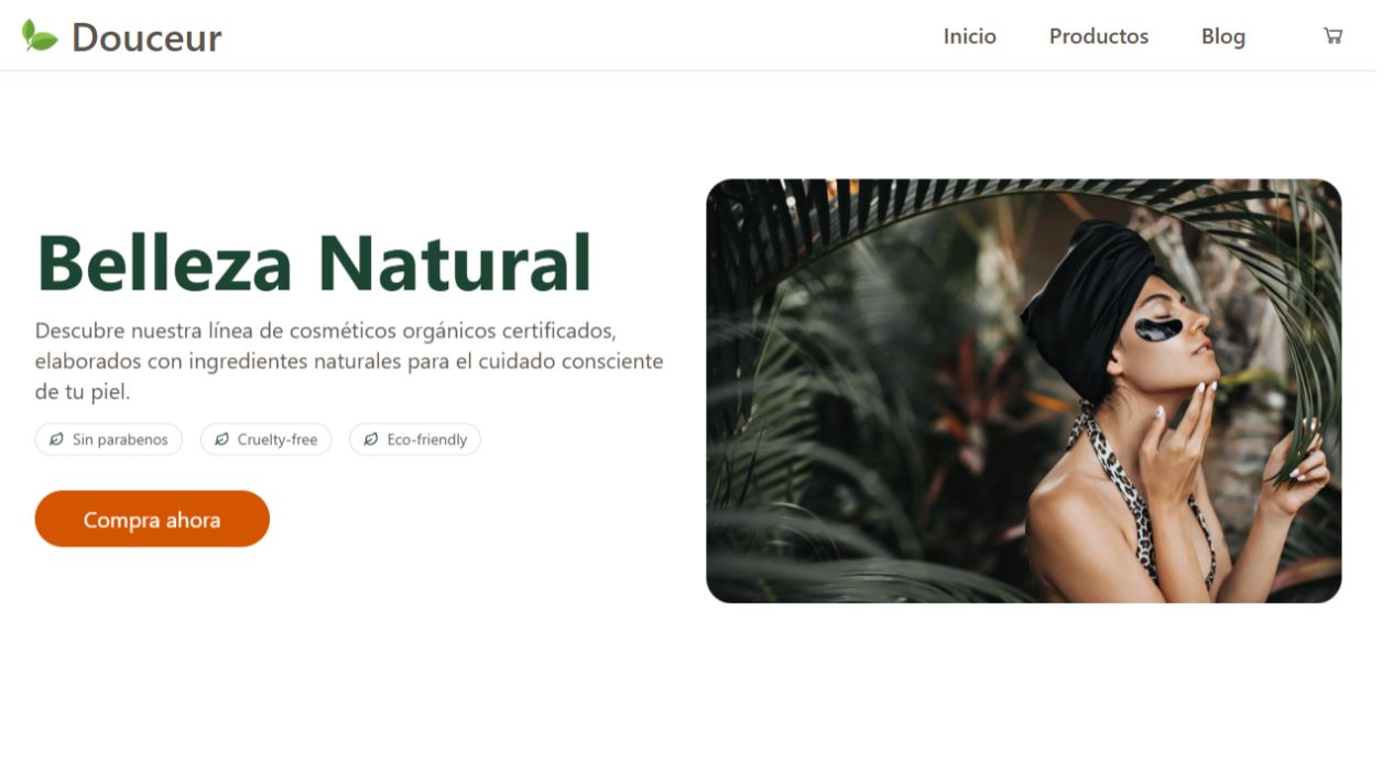 Hero publicado de Douceur Cosmetics con navegación, propuesta Belleza Natural, llamada a la acción y fotografía principal.